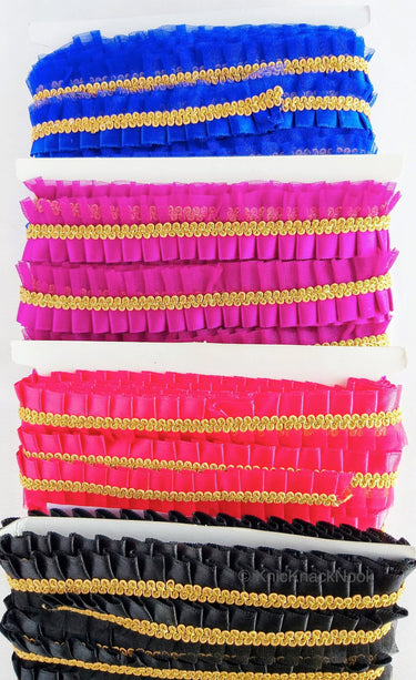 Purple Satin And Purple Net Fabric Trim With Gold Embroidery Trimming, Pleated Lace Trim, Trim